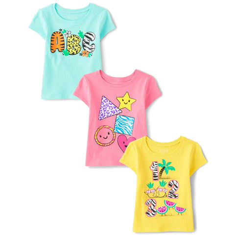 The Children's Place Baby Girls Short Sleeve Graphic 3-Pack Infant-and-Toddler-t-Shirts, Educational, 4T US