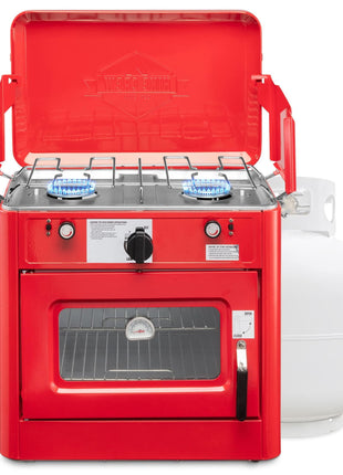 Hike Crew Outdoor Gas Camping Oven w/Carry Bag | CSA Approved Portable Propane-Powered 2-Burner Stove & Oven | Auto Ignition, Overheat Safety Shutoff, Built-In Thermometer | Hose & Regulator Included