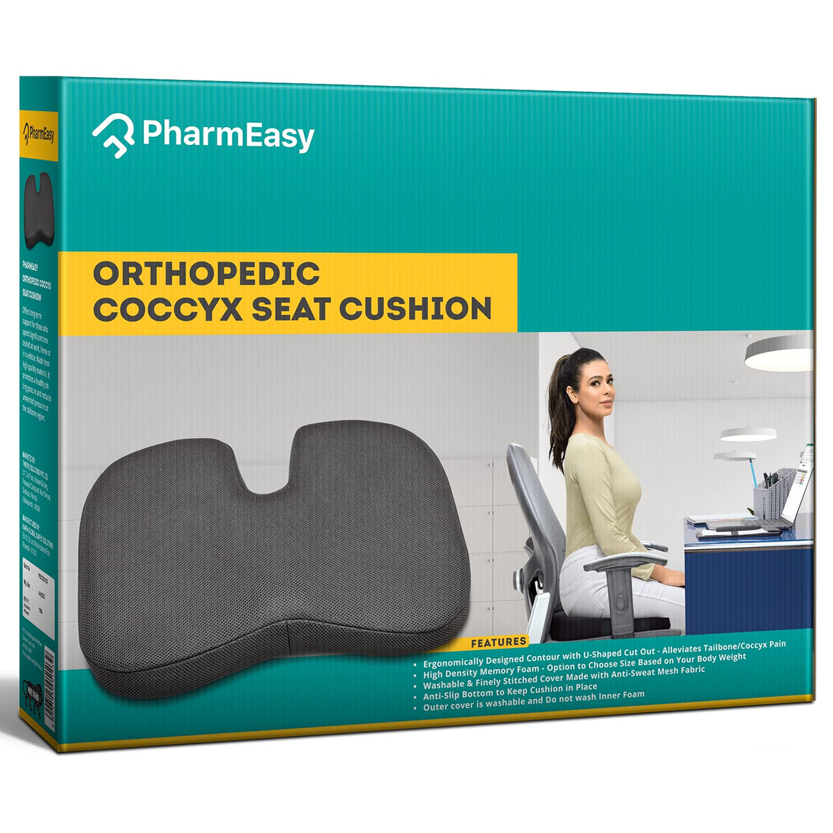 PharmEasy Orthopedic Coccyx Seat Cushion for Chair car and Wheelchair Car Seat Cushions for Sciatica and Lower Back Pain Relief Ideal Sitting Cushion car Cushion and Coccyx Cushion for Tailbone Pain