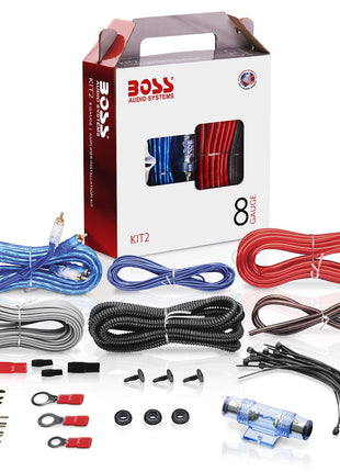 BOSS Audio Systems KIT2 8 Gauge Complete Car Amplifier Installation Wiring Kit with Power Cables, Ground Cables, Turn-On Wire, Speaker Wire, Terminals