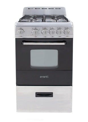 Avanti Compact Gas Range Oven, 4 Sealed Burners, 20-Inch, Stainless Steel | Avanti Compact Gas Range Oven, Freestanding with 4 Sealed Burners, Broiler with Pan, Storage Drawer, 20-Inch, Stainless Steel