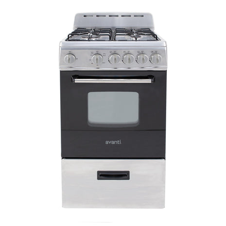Avanti Compact Gas Range Oven, 4 Sealed Burners, 20-Inch, Stainless Steel | Avanti Compact Gas Range Oven, Freestanding with 4 Sealed Burners, Broiler with Pan, Storage Drawer, 20-Inch, Stainless Steel
