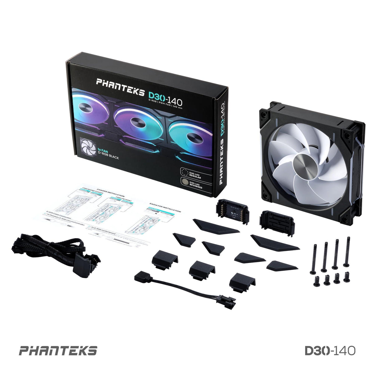Phanteks (PH-F140D30R_DRGB_PWM_BK01) D30-140 DRGB PWM Fan, Reverse Airflow Model, Premium D-RGB Performance Fan, ARGB/DRGB Lighting, Daisy-Chain Fan Linking System (Black)