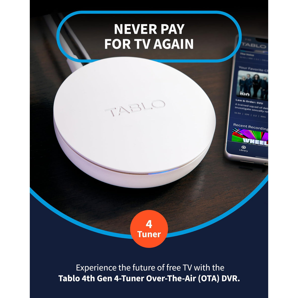 Tablo TV 4th Gen 4-Tuner Over-The-Air (OTA) DVR - Watch, Pause & Record Live TV, News, Sports & Movies Throughout Your Home Over Wi-Fi - Pairs w/Any TV Antenna - 50+ Hrs Recording - No Subscriptions