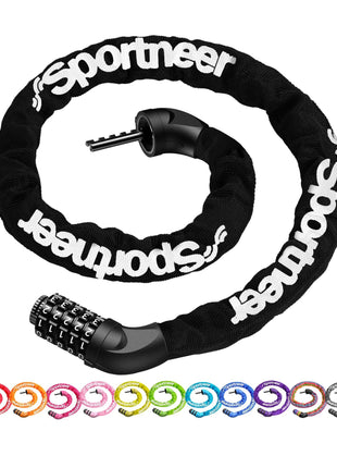 Sportneer Bike Lock: 5 Digit Combination High Security Anti Theft Bike Chain Lock - 3.2/3.6/4ft Heavy Duty Keyless Bicycle Lock for Bike, Motorcycle, Scooter, Door & Gate - 4/6mm Thick, Easy to Use