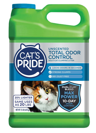 Cat's Pride Max Power: Total Odor Control - Up to 10 Days of Powerful Odor Control - Strong Clumping - Hypoallergenic - 99% Dust Free - Multi-Cat Litter, Unscented, 15 Pounds
