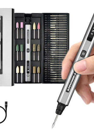 AM ARROWMAX Electric Mini Engraving Pen, HollowCup Motor, 42 Bits with Aluminum Case, OLED, Magnetic Charge, Mini Cordless Rotary Tool, Engraving Pen for Bead, Metal, Wood, Glass and Plastic (SGS)