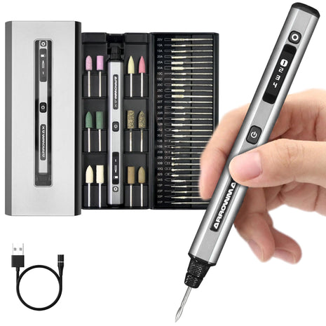AM ARROWMAX Electric Mini Engraving Pen, HollowCup Motor, 42 Bits with Aluminum Case, OLED, Magnetic Charge, Mini Cordless Rotary Tool, Engraving Pen for Bead, Metal, Wood, Glass and Plastic (SGS)