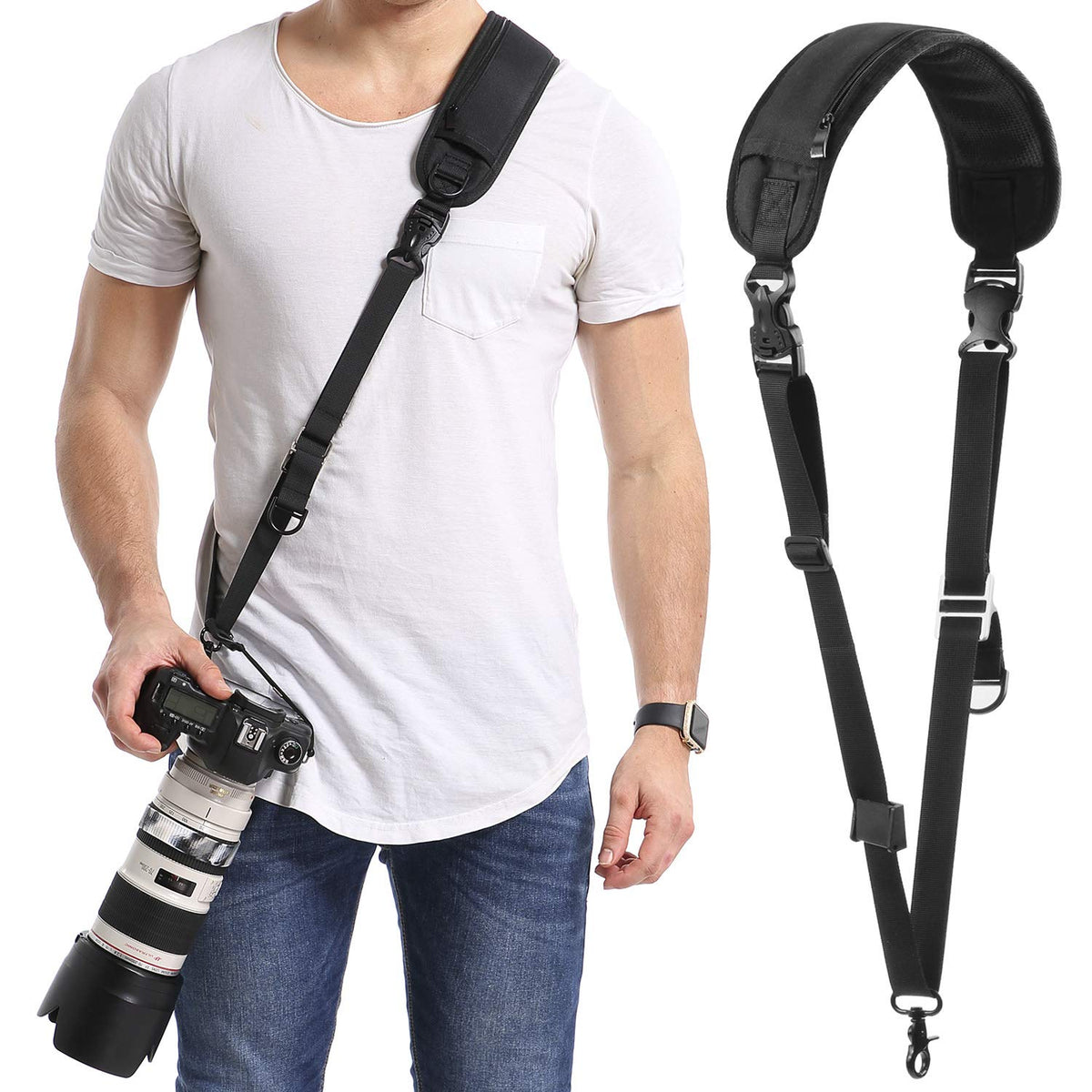 Waka Rapid Camera Neck Strap with Quick Release and Safety Tether, Adjustable Shoulder Sling Strap for Nikon Canon Sony Olympus DSLR - Black