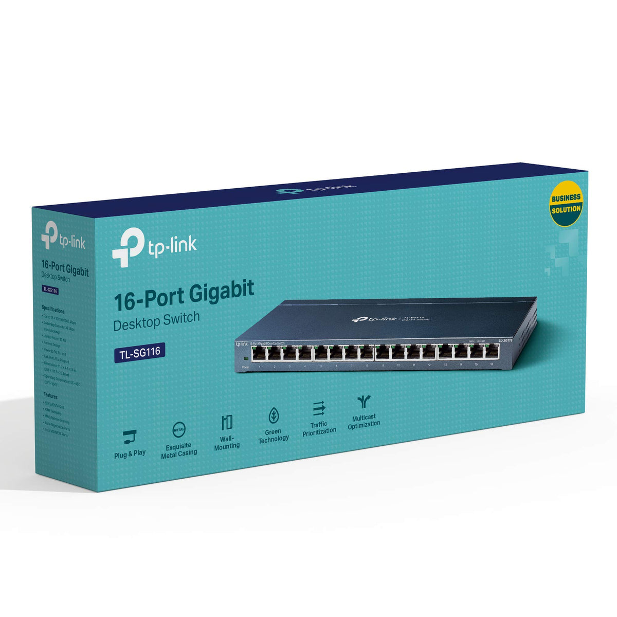 TP-Link 16 Port Gigabit Ethernet Network Switch, Desktop/ Wall-Mount, Fanless, Sturdy Metal w/ Shielded Ports, Traffic Optimization, Unmanaged (TL-SG116)