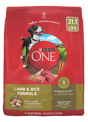 Purina ONE Lamb and Rice Dry Dog Food, 31.1 lb Bag | Natural recipe with real lamb as the first ingredient, and a microbiome balance with prebiotic fiber for gut & immune support