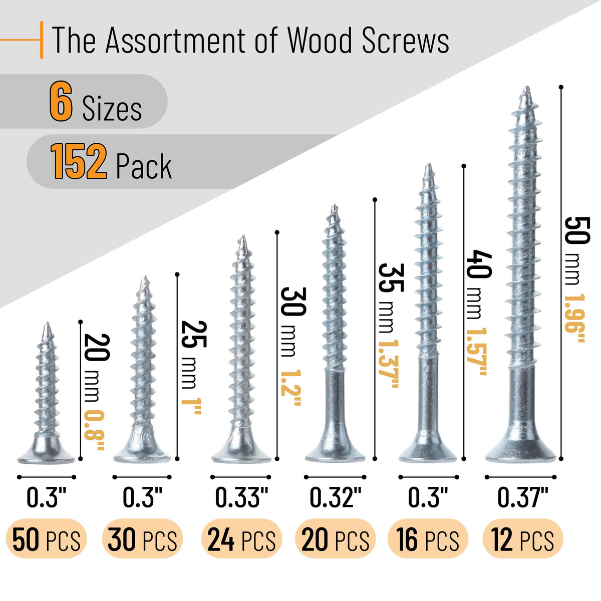 Mr. Pen- Wood Screws Assortment Kit, 152 pcs, Silver, Phillips Tips, Assorted Wood Screws, 6 Sizes (2”, 1-1/2”, 1-1/4”, 1”, 3/4”, 1/2”)