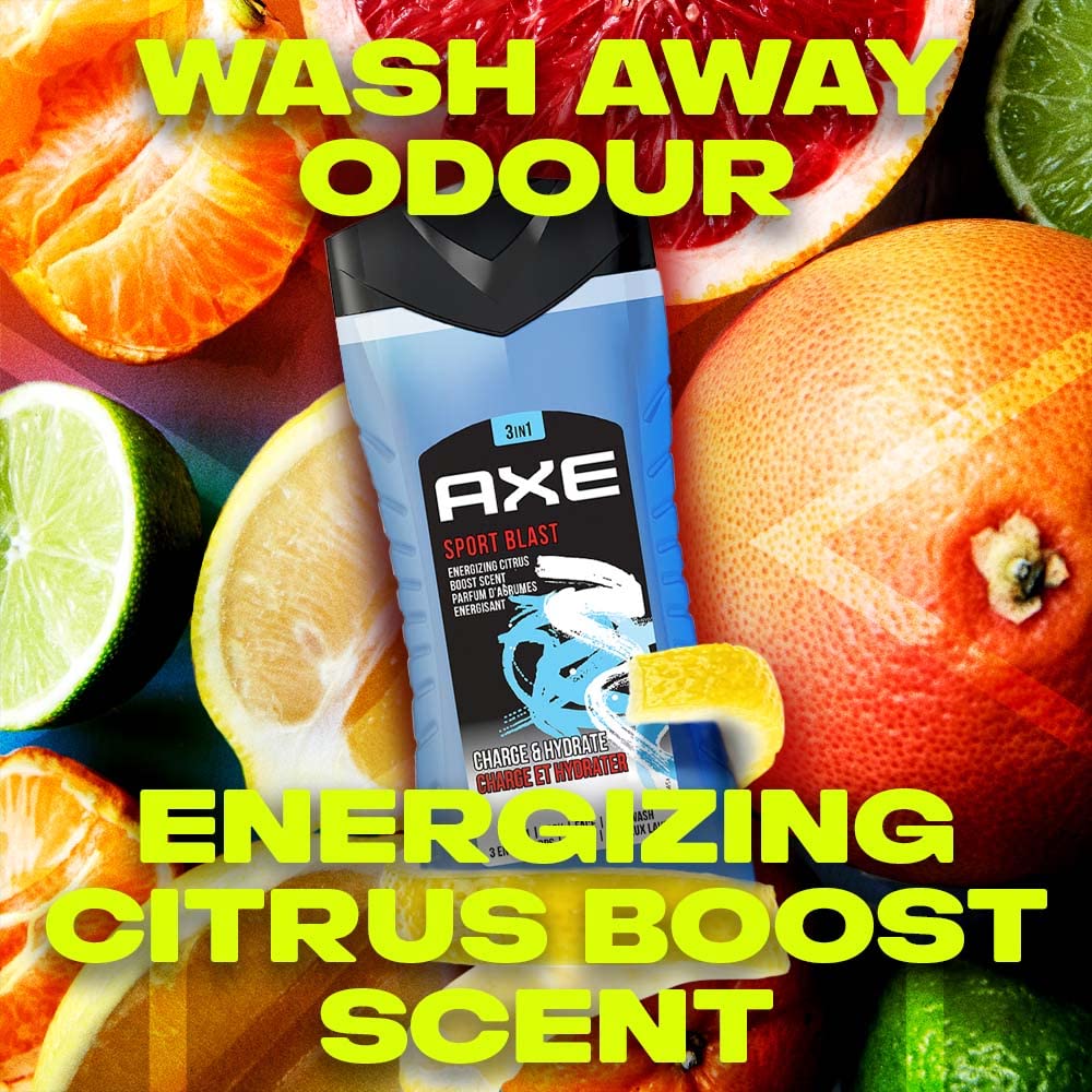 Axe Sports Blast 3 In 1 Body, Face & Hair Wash For Men, Long-Lasting Refreshing & Energizing Citrus Fragrance For Up To 12Hrs, Removes Odor & Bacteria, No Parabens, Dermatologically Tested, 250Ml