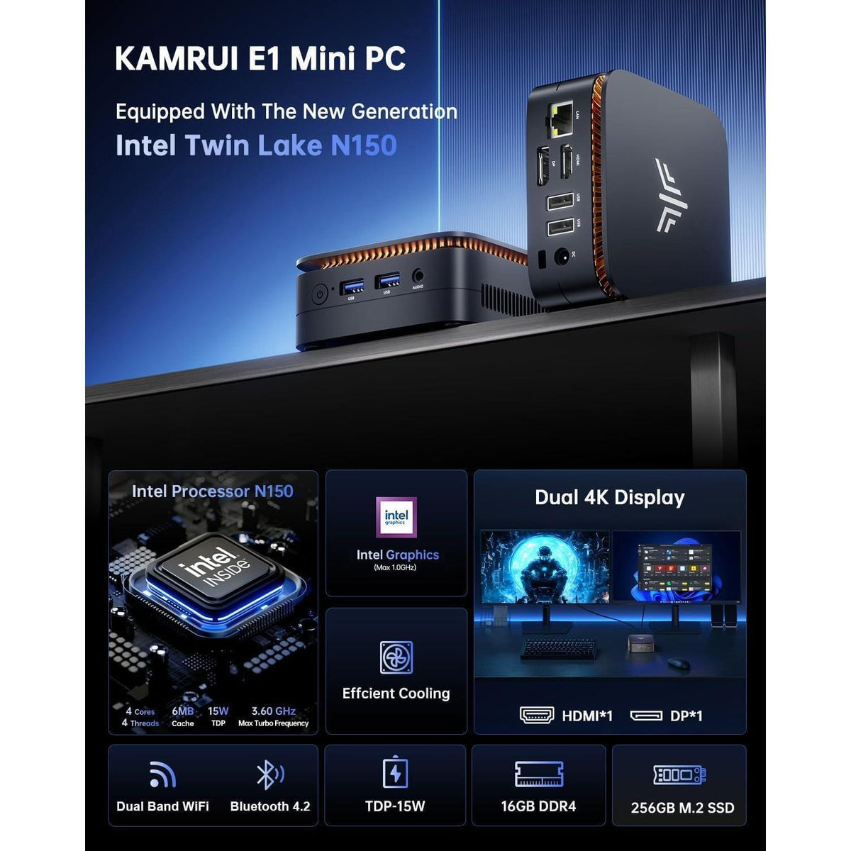 KAMRUI Mini PC, Essenx E1 Desktop Computer N150(up to 3.6GHz) Mini Computers 16GB RAM 256GB SSD Micro PC, Mini Tower Desktop PC Support 4K HDMI, Dual WiFi, BT4.2 for Business Home Office