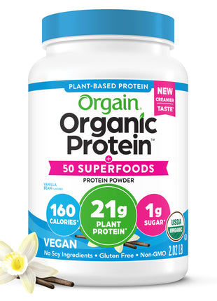 Orgain Organic Vegan 21g Protein + Superfoods Powder, Vanilla Bean, 2.02lb | Plant based protein, 50 superfoods, 8g prebiotic fiber, gluten free, no added sugar, non-GMO, no lactose ingredients