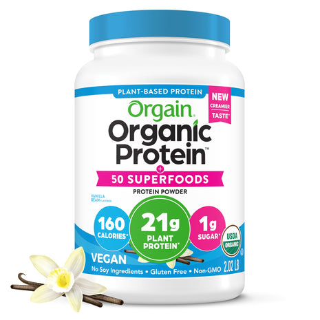 Orgain Organic Vegan 21g Protein + Superfoods Powder, Vanilla Bean, 2.02lb | Plant based protein, 50 superfoods, 8g prebiotic fiber, gluten free, no added sugar, non-GMO, no lactose ingredients