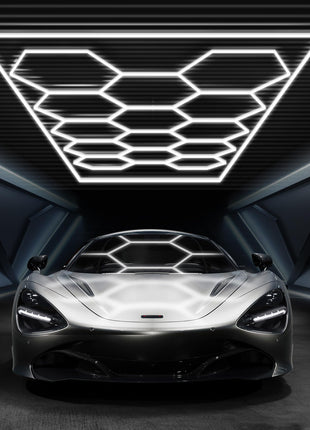 FERUERW Hexagon Garage Lights with Rectangle Frame, High Brightness 672W 86400LM 6500K, 14 Hex Grid for Garage, Shop, Basement, Car Detailing Shop etc. with Mounting Clip