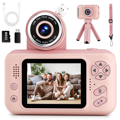 Makolle Kids Camera Toys for Girls 3-12 Year Old, Pink | Children Travel Camera HD Digital Video Camcorder, With Tripod, SD Card Included, Toddler Festival Birthday Gifts