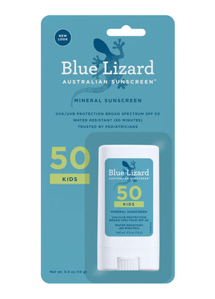 Blue Lizard Kids Mineral SPF 50 Sunscreen Stick, Zinc Oxide, 100% Mineral Actives, Developed for Kids' Sensitive Skin, TSA-Friendly, Vegan, Paraben-free, Fragrance-Free, 0.5 oz