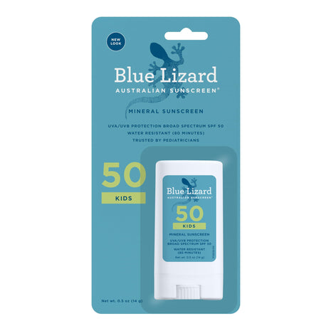 Blue Lizard Kids Mineral SPF 50 Sunscreen Stick, Zinc Oxide, 100% Mineral Actives, Developed for Kids' Sensitive Skin, TSA-Friendly, Vegan, Paraben-free, Fragrance-Free, 0.5 oz
