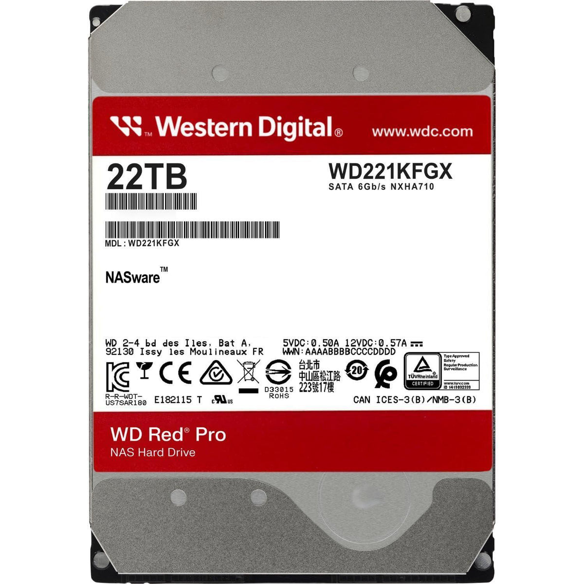 Western Digital 22TB WD Red Pro NAS Internal Hard Drive HDD - 7200 RPM, SATA 6 Gb/s, CMR, 512 MB Cache, 3.5" - WD221KFGX