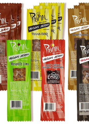 Primal Spirit Vegan Jerky - Most Popular Flavors Pack, 10 g. Plant Based Protein, ( inchThe Classics inch 3 Teriyaki, 3 Hickory Smoked, 3 Texas BBQ, 1 Thai Peanut, 1 Hot & Spicy, 1 Mesquite Lime, 12-Pack, 1 o