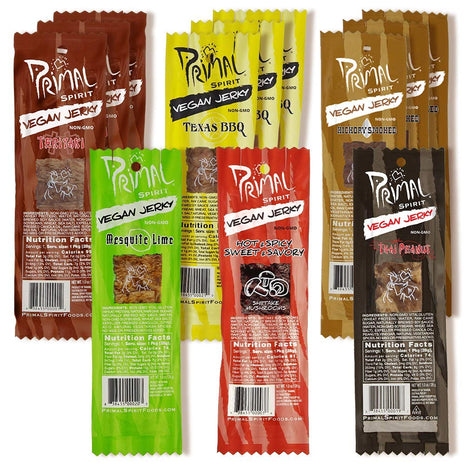 Primal Spirit Vegan Jerky - Most Popular Flavors Pack, 10 g. Plant Based Protein, ( inchThe Classics inch 3 Teriyaki, 3 Hickory Smoked, 3 Texas BBQ, 1 Thai Peanut, 1 Hot & Spicy, 1 Mesquite Lime, 12-Pack, 1 o