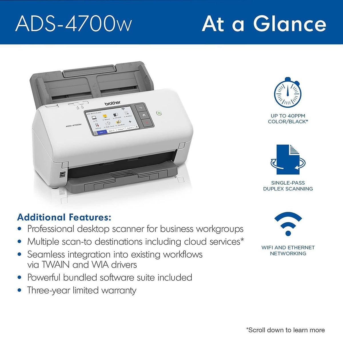Brother ADS-4700W Professional Desktop Scanner with Fast Scan Speeds, Duplex, Wireless, and Large Touchscreen, White