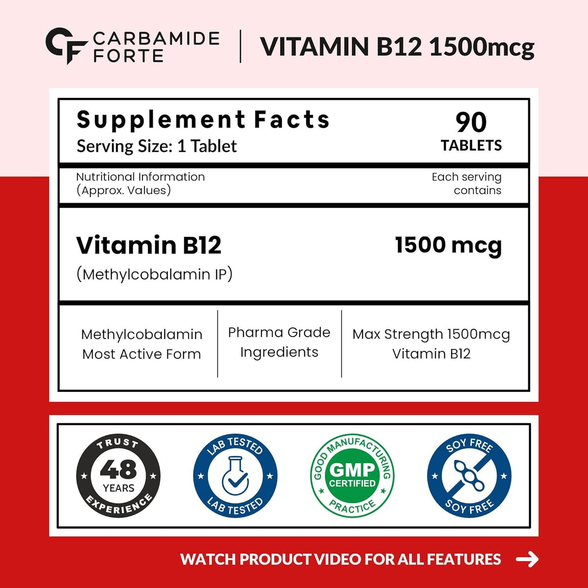 Carbamide Forte Vitamin B12 Tablets 1500 mcg -Active form of Methylcobalamin Vitamin B12 Supplements for Men & Women- 90 Veg Tablets