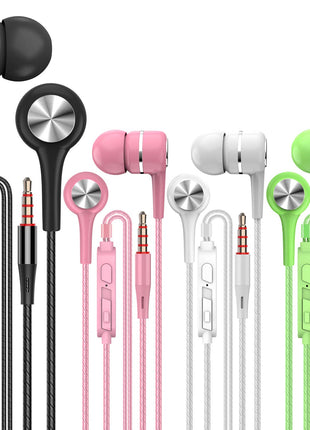 YNR 4 Pairs Wired Earbuds with Microphone & Volume Control, in Ear Earphones for School, Noise Islating High Definition, for 3.5mm Jack iPhone iPad iPod Samsung Google Devices (A12-4)