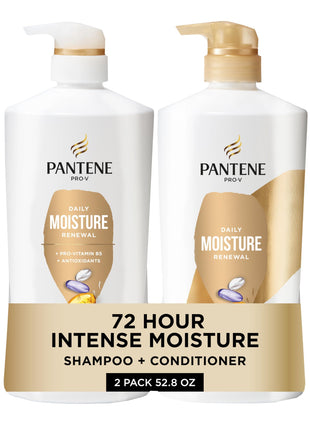 Pantene Shampoo & Conditioner Set, Daily Moisture Renewal - Pro-V Nutrients for Dry, Color-Treated, Straight to Curly Hair, 72-Hour Hydration & Softness, 52.8 Oz Total + Miracle Rescue Shot (0.5 Oz)