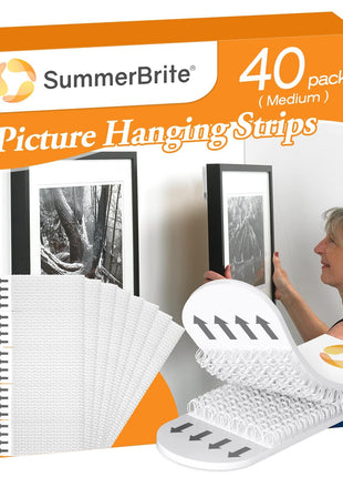 SummerBrite Picture Hanging Strips 40 Strips, Damage Free Removal, Wall Poster Picture Hangers Without Nails, Sticky Hook & Loop Adhesive Strips for Poster/Picture/Home/Office, 20 Pairs/Medium, White