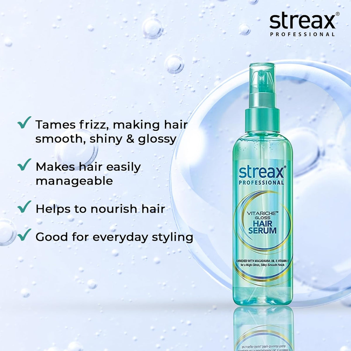 Streax Professional Vitariche Gloss Hair Serum For Women & Men | Enriched With Macadamia Oil and Vitamin E, 115 ml Pack Of 2