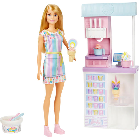 Barbie Careers Playset, Ice Cream Shop Set with Blonde Fashion Doll, Ice Cream Machine, Molds, Dough & Accessories