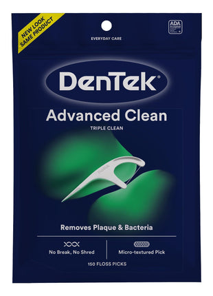DenTek Triple Clean Advanced Clean Floss Picks, No Break & No Shred Floss, 150 Count, (Packaging May Vary)