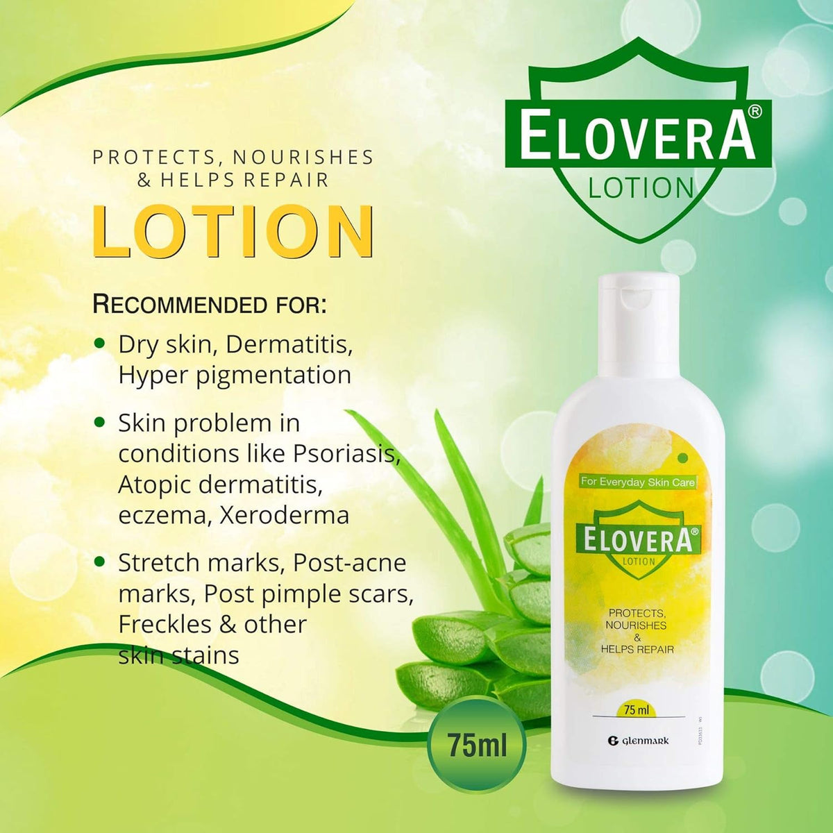 Elovera Lotion with Aloe Vera & Vitamin E I Intense Moisturising Formula I Hydrates and Makes Skin Soft and Healthy I Lightens Skin Blemishes I Non-Greasy I 75 ml