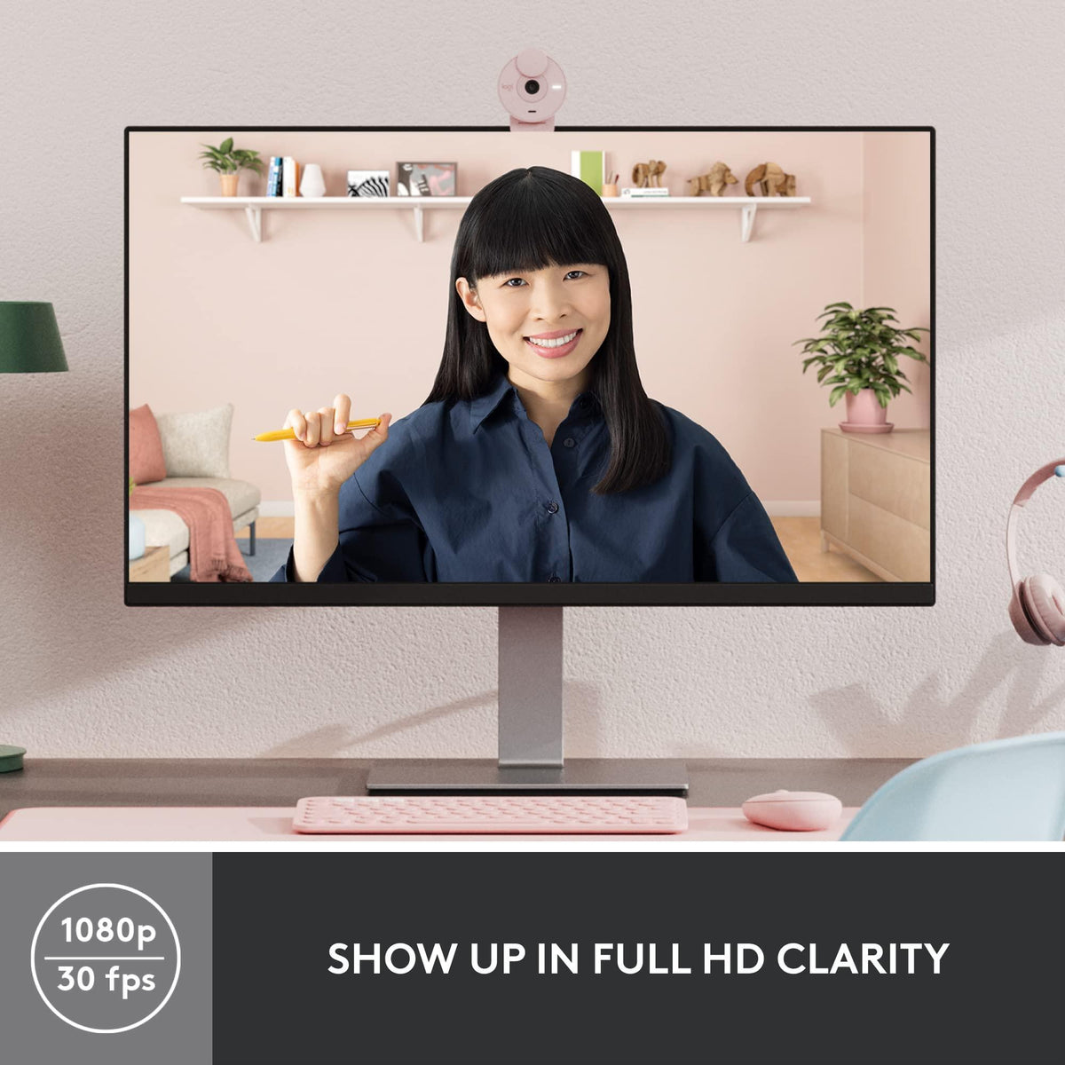 Logitech Brio 300 Full HD Webcam with Privacy Shutter, Noise Reduction Microphone, USB-C, certified for Zoom, Microsoft Teams, Google Meet, Auto Light Correction - Rose