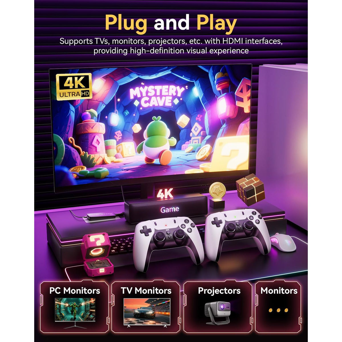 Retro Gaming Console, 20,000+ Retro Game Stick, 23 Emulators, 4K HD TV Game Stick, Built-in Classic Video Games, Plug & Play Game Console for TV with 2 Wireless Controllers