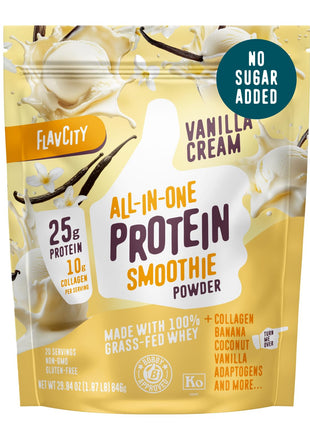 FlavCity Vanilla All in One Protein Shake Powder - On the Go Meal Alternative + Collagen Peptides, Reishi & Cordyceps - Focus, Skin, Hair & Joint Support - 100% Grass Fed Whey, 20 Servings