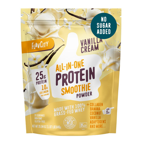 FlavCity Vanilla All in One Protein Shake Powder - On the Go Meal Alternative + Collagen Peptides, Reishi & Cordyceps - Focus, Skin, Hair & Joint Support - 100% Grass Fed Whey, 20 Servings