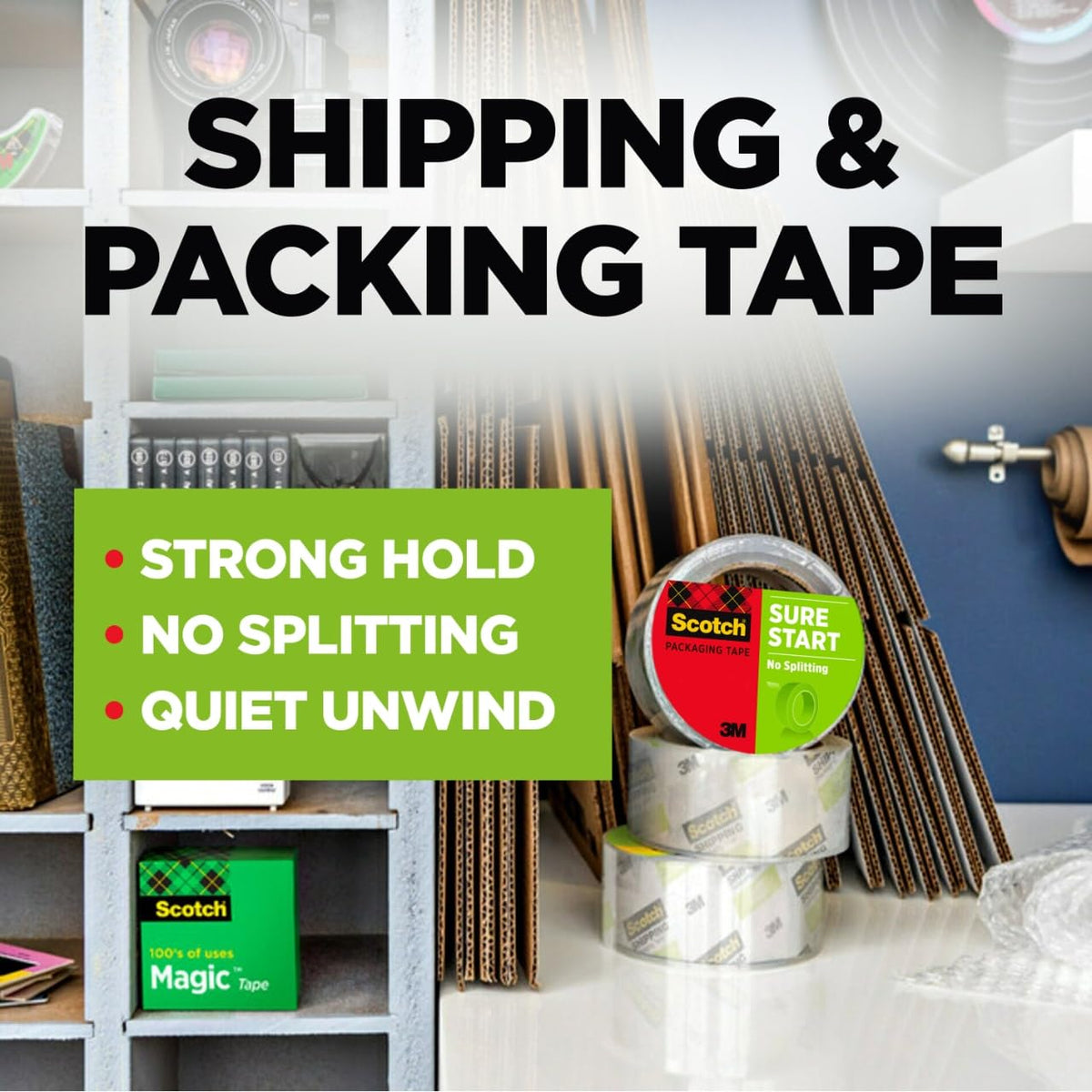 Scotch Sure Start Shipping Packaging Tape, 1.88" x 54.6 yd, Designed for Packing, Shipping and Mailing, Quiet Unwind, No Splitting or Tearing, 3" Core, Clear, 1 Roll (345)
