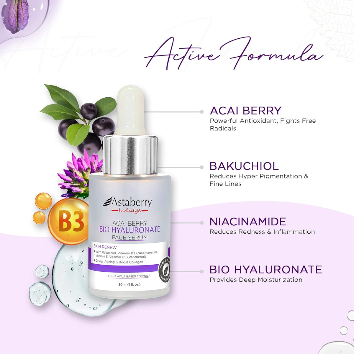 Astaberry Indulge Acai Berry Anti-Aging Face Serum with Niacinamide & Bakuchiol | For Glowing Skin, Hydration, Reduces Fine Lines & Wrinkles | Vitamin B3 & Vitamin E (30ml)