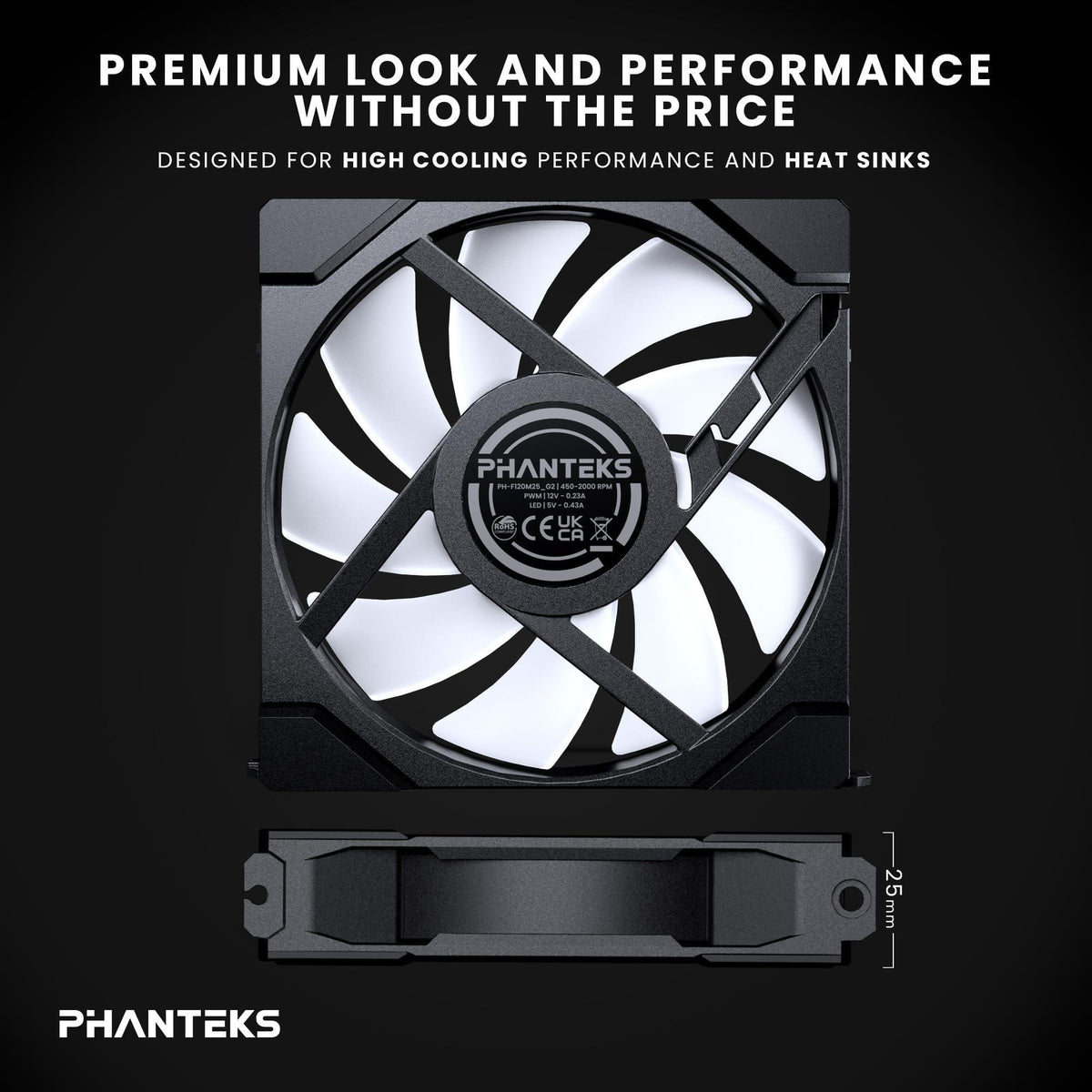 Phanteks M25-120 Gen2, 120mm ARGB High Performance Cooling Fan, Daisy-Chain Unified Fan Frame, Infinity Mirror hub, Single Cable Connection, Black