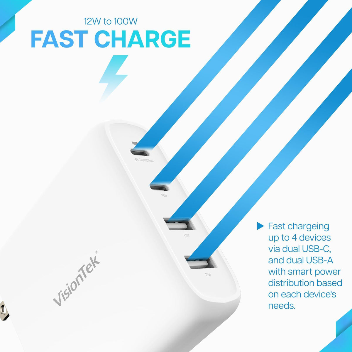 VisionTek GaN II 100W Wall Fast Charger - Quad Ports 2X USB-C 2X USB-A - Compatible with MacBook Pro/Air, Ipad, iPhone, Galaxy, Steam Deck, Thinkpad, Dell XPS, Pixel and More - 901537