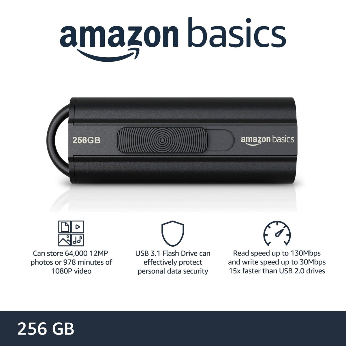Amazon Basics 256 GB Ultra Fast USB 3.1 High Capacity Flash Drive for Data Transfer and Storage, Black