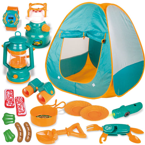 FUN LITTLE TOYS Pop Up Play Tent with Camping Gear and Tools Set, Outdoor Toys for Kids