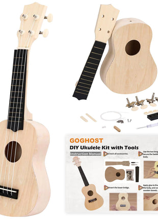 DIY Ukulele Kit with Tools(21 inch) - Build Your Own Ukulele Look, Wooden Small Hawaiian Guitar Gift for Adults