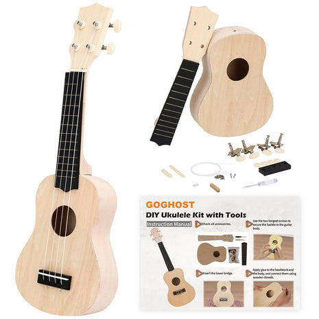 DIY Ukulele Kit with Tools(21 inch) - Build Your Own Ukulele Look, Wooden Small Hawaiian Guitar Gift for Adults