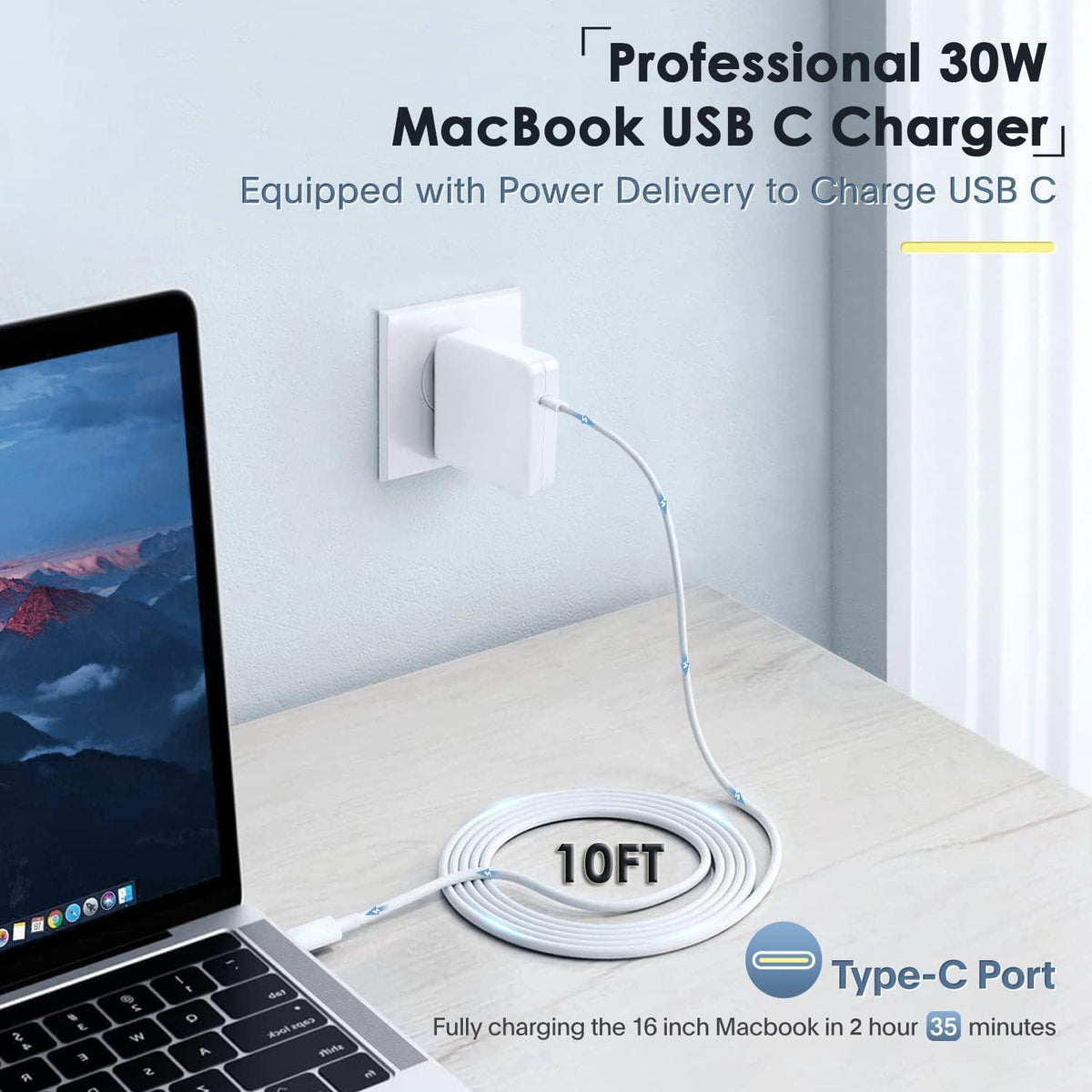 Mac Book Pro Charger - USB C Charger Fast Charger Power Adapter for USB C Port MacBook Pro/MacBook Air 16 15 14 13 inch, New iPad Pro and All USB C Device, Included 10FT Long USB C to C Charger Cable
