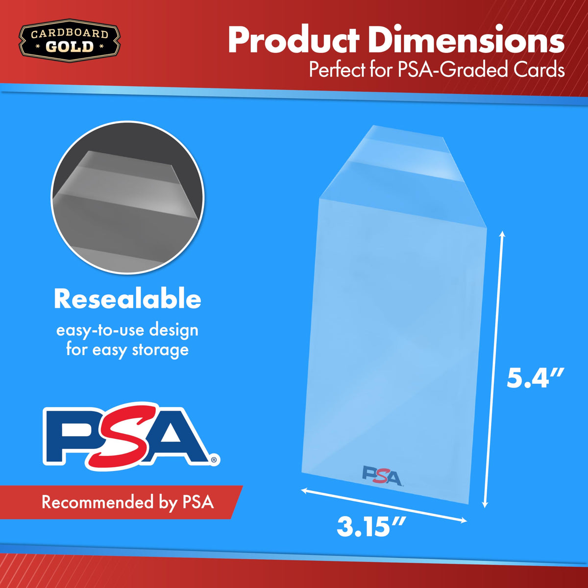 Cardboard Gold PSA Graded Card Sleeves – 50 Count with PSA Logo, Resealable Slabs Sleeve - Precise Fit Slab Protector for Grading Baseball Football Gaming Trading Sports Cards